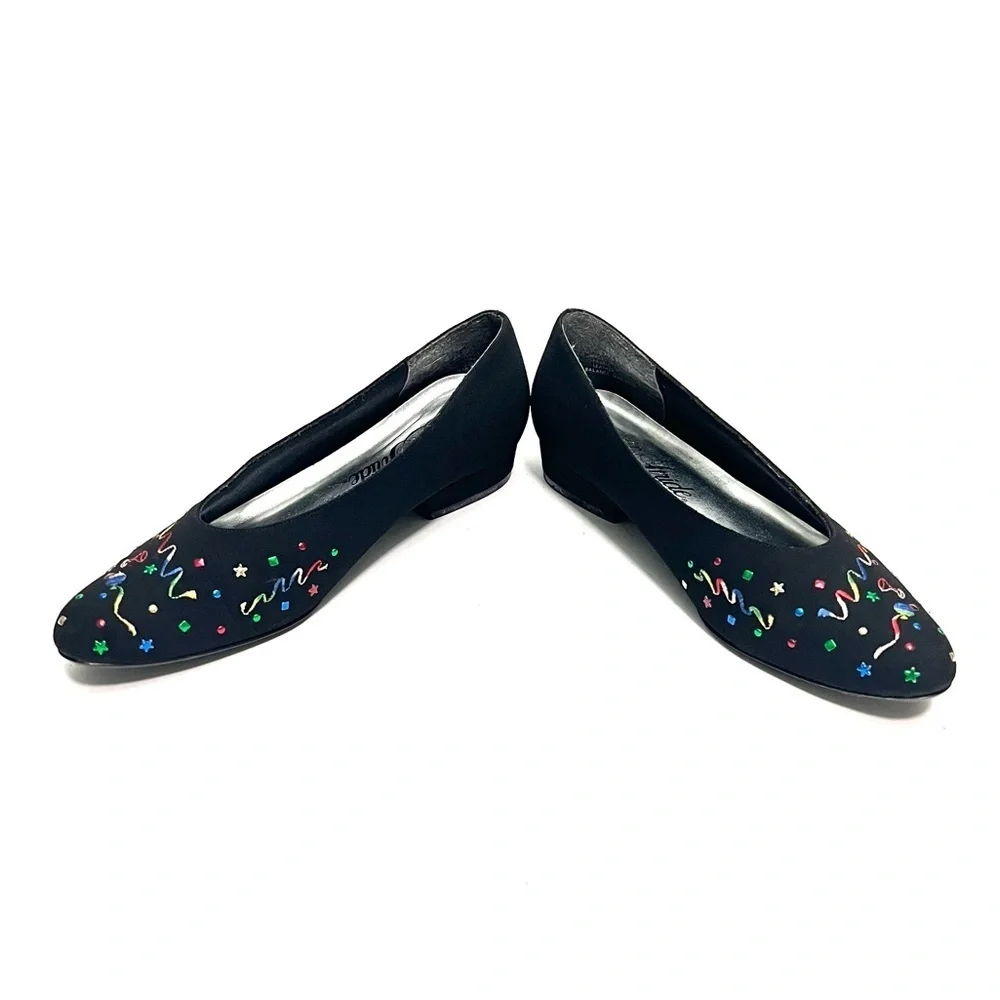 Vintage Y2K black fabric New Years Eve 2000 embroidered holiday kitten heels